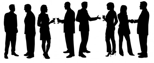 sihouetted networking party against white background